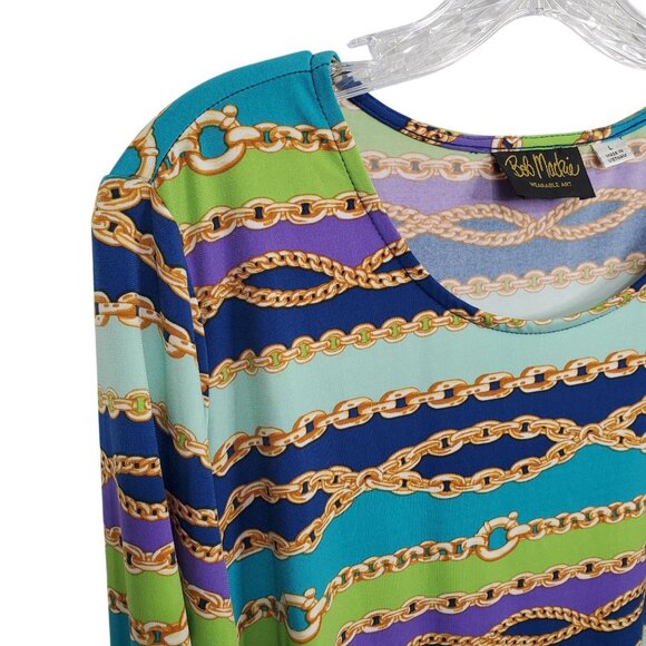 Bob Mackie Wearable Art L Tunic Top Chain Print Multicolor Liquid Knit Pullover - Picture 4 of 10